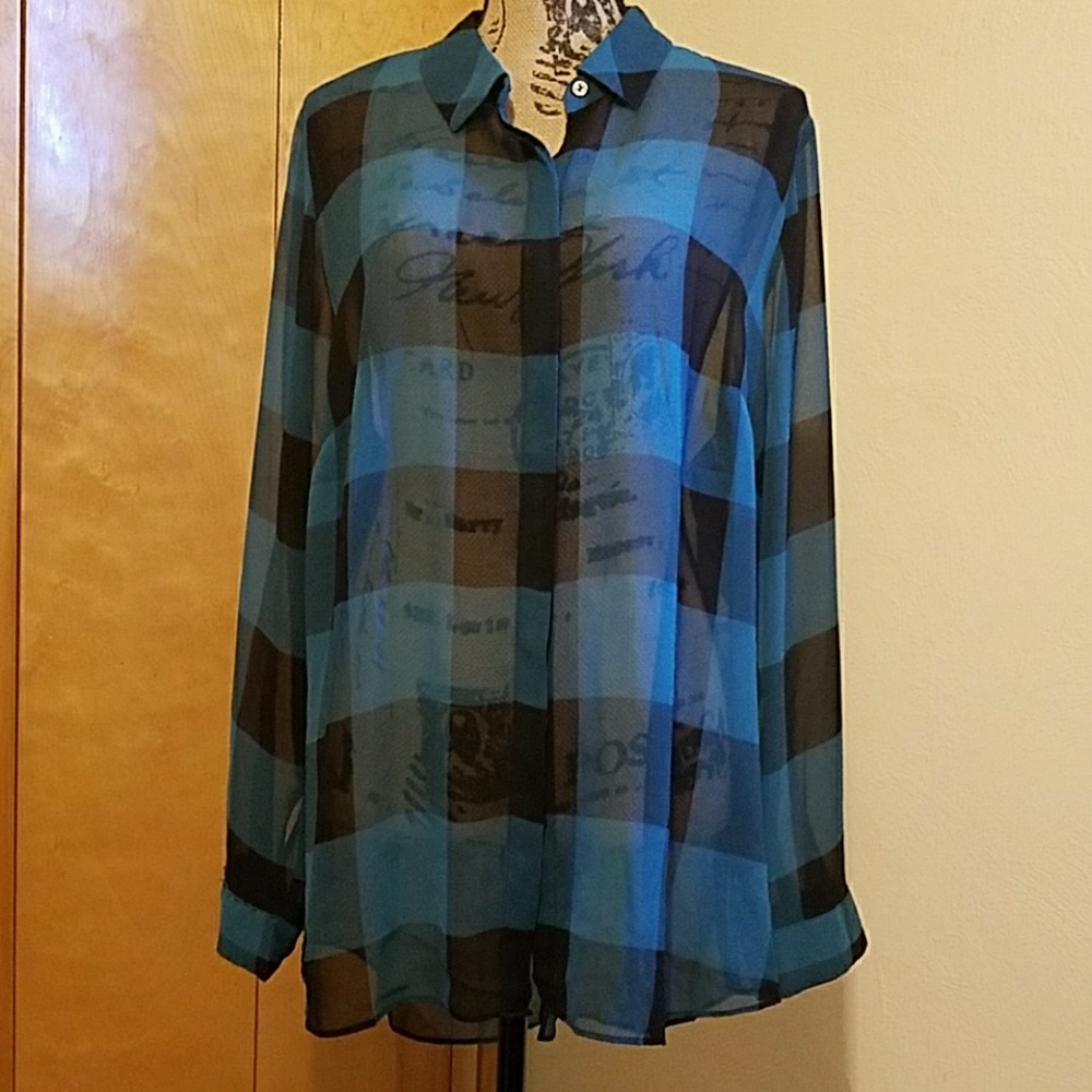Sheer Teal & Black buffalo check blouse with tails